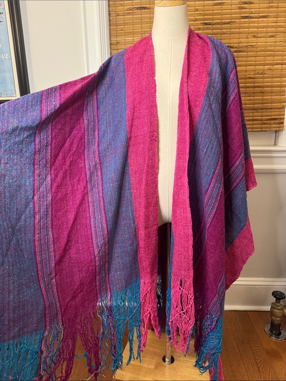 Vintage Pink and Blue Fringed wool Wrap Shawl